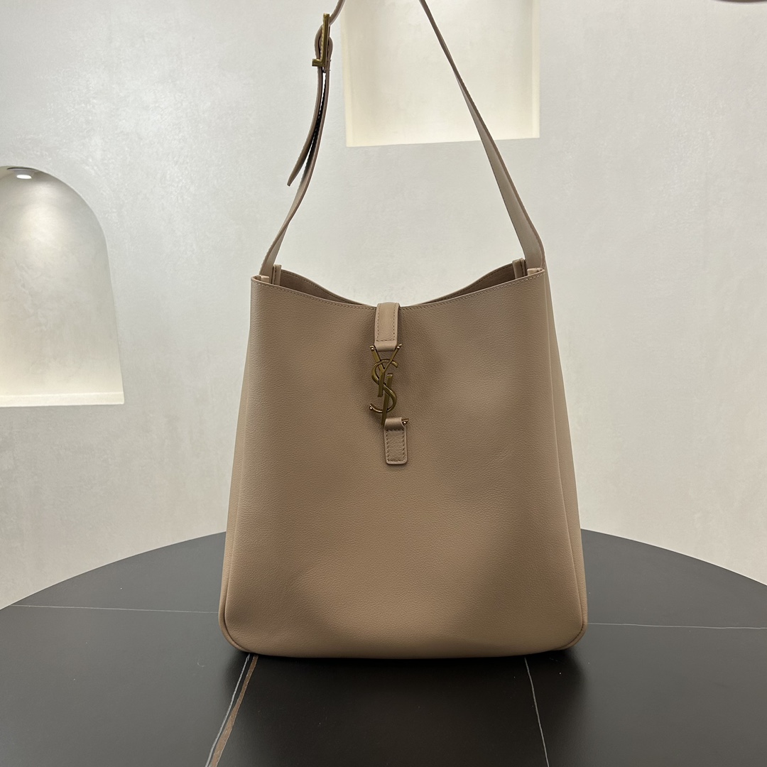 Saint Laurent LE 5 A 7 Large Soft Grained Calfskin Shoulder Bag Handbag Beige 753837